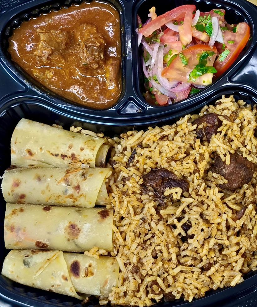 Beef pilau rice combo with chapati and kachumbari