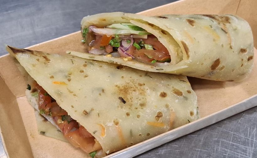 Vegan chapati wrap cut in half